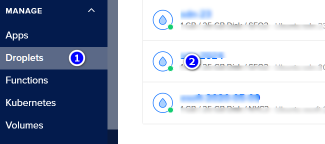 点击 Droplets，然后点击选择某个你要销毁的 Droplet