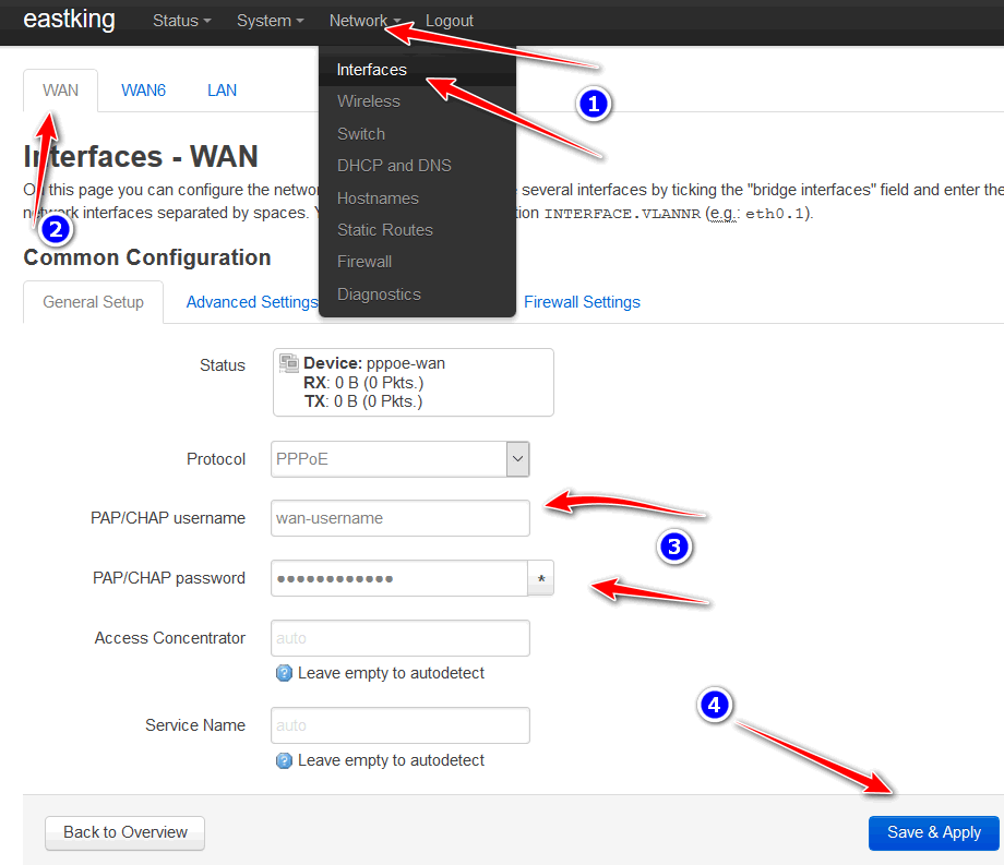 网页界面设置OpenWrt路由器 PPPoE拨号上网用户名和密码